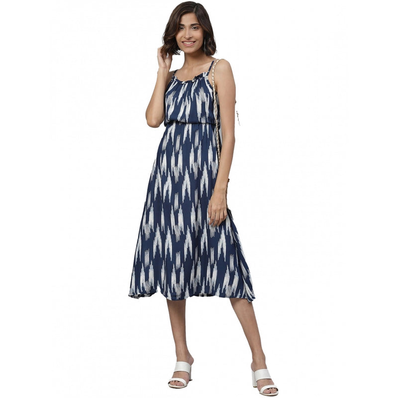 Mayawye Women's Casual Sleeveless Ikat Print Rayon Dress (Blue)