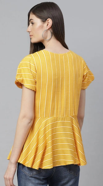 Mayawye Women's Casual Short Sleeves Stripe Printed Rayon Top (Mustard)