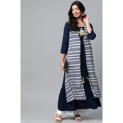 Mayawye Women's Casual 3/4 th Sleeve Geometric Rayon Kurti (Navy Blue)