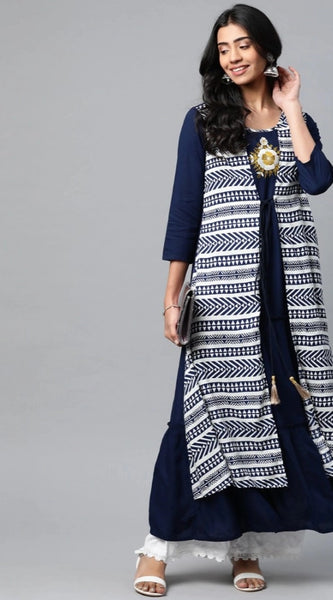 Mayawye Women's Casual 3/4 th Sleeve Geometric Rayon Kurti (Navy Blue)