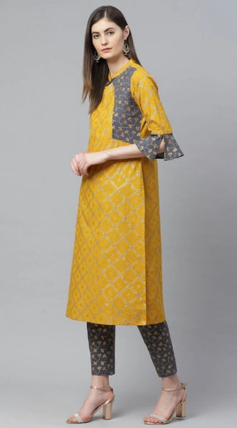 Mayawye Women's Casual Bell Sleeves Geomatrical Printed Cotton Kurti Set (Yellow)