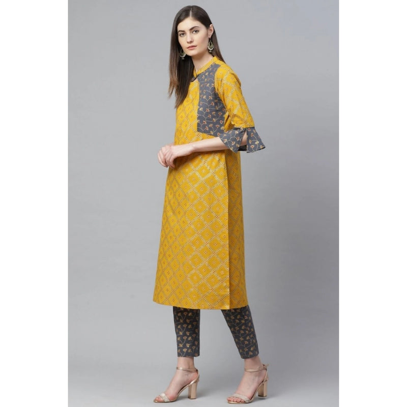 Mayawye Women's Casual Bell Sleeves Geomatrical Printed Cotton Kurti Set (Yellow)