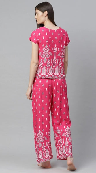 Mayawye Women's Casual Short Sleeve Printed Rayon Pajama Set (Pink)