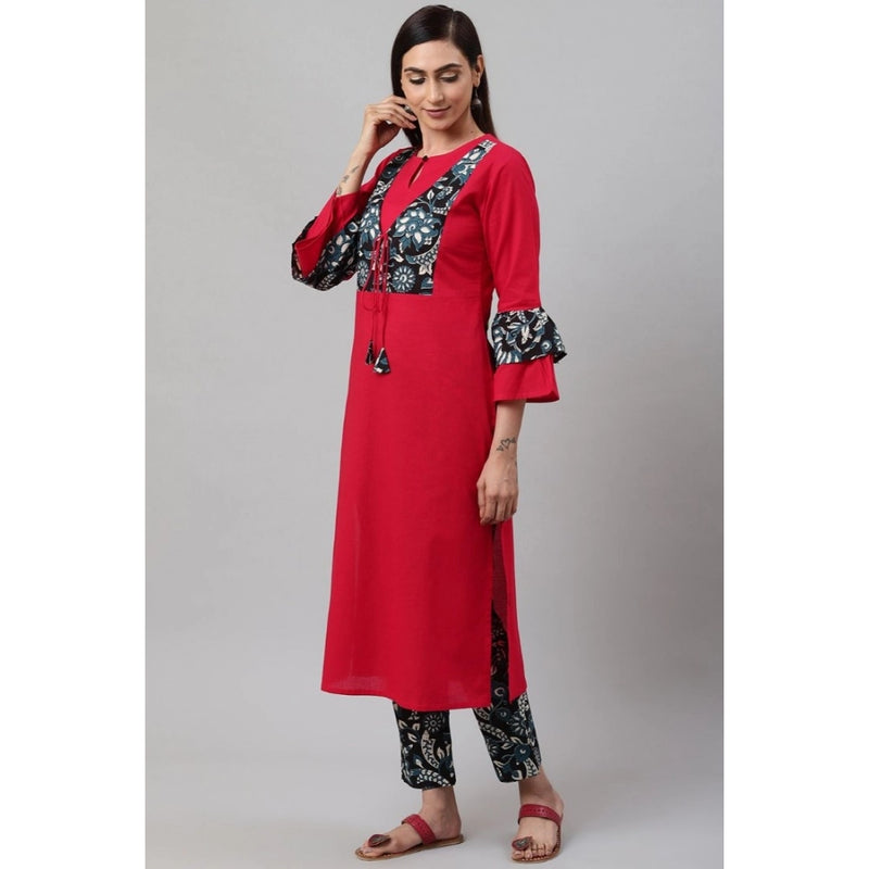 Mayawye Women's Casual Bell Sleeves Floral Printed Cotton Kurti Set (Rani Pink)