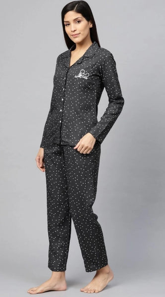 Mayawye Women's Casual Full Sleeves Polka Dot Printed Rayon Shirt With Pyjama Pant Night Suit Set (Grey)