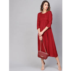 Mayawye Women's Casual 3/4 th Sleeve Solid Rayon Dobby Dress (Maroon)