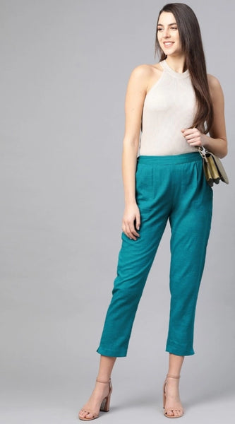 Mayawye Women's Casual Solid Cotton Slub Trouser Pant (Rama Blue)