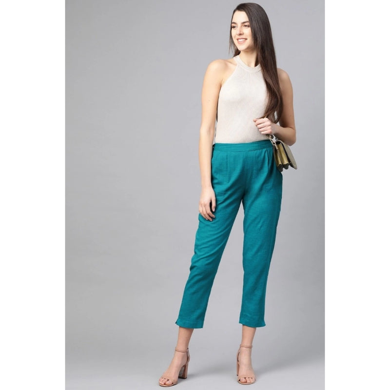 Mayawye Women's Casual Solid Cotton Slub Trouser Pant (Rama Blue)