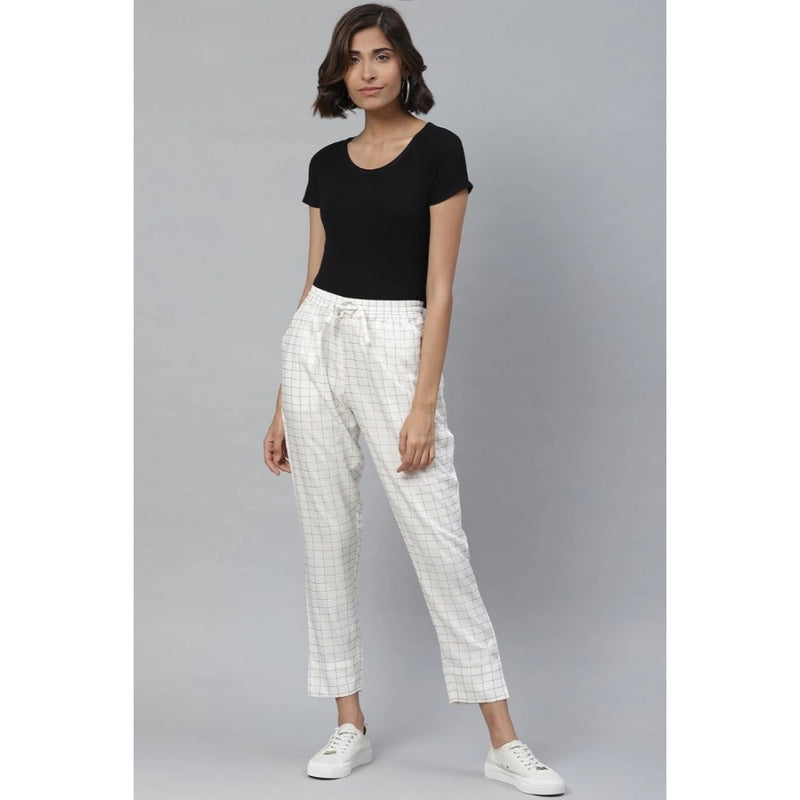 Mayawye Women's Casual Checked Rayon Trouser Pant (White)