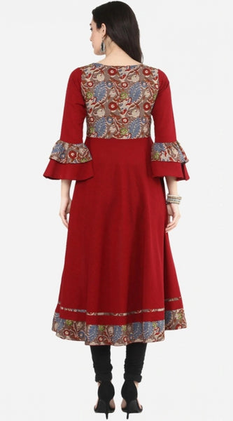 Mayawye Women's Casual Bell Sleeves Printed Cotton Kurti (Maroon)