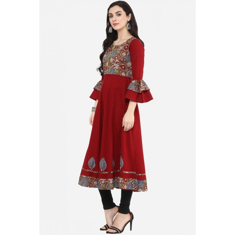 Mayawye Women's Casual Bell Sleeves Printed Cotton Kurti (Maroon)