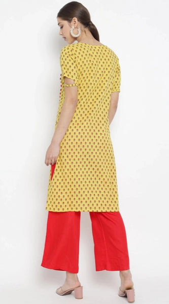 Mayawye Women's Casual Short Sleeves Floral Printed Cotton & Rayon Kurti Palazzo Set (Yellow & Red)