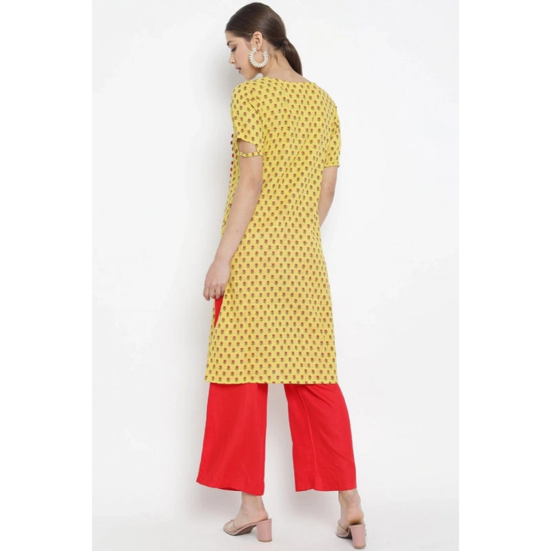Mayawye Women's Casual Short Sleeves Floral Printed Cotton & Rayon Kurti Palazzo Set (Yellow & Red)