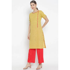 Mayawye Women's Casual Short Sleeves Floral Printed Cotton & Rayon Kurti Palazzo Set (Yellow & Red)
