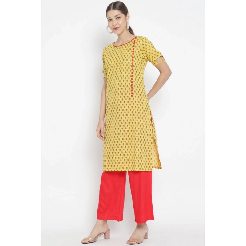 Mayawye Women's Casual Short Sleeves Floral Printed Cotton & Rayon Kurti Palazzo Set (Yellow & Red)