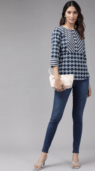 Mayawye Women's Casual 3/4 th Sleeve Floral Printed Cotton Top (Blue)