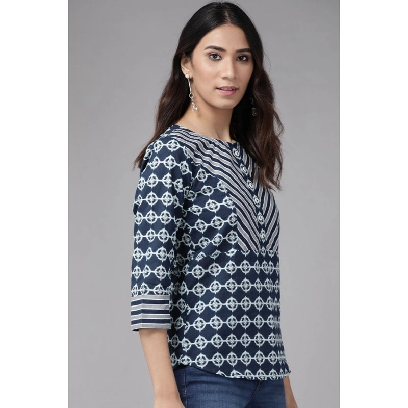 Mayawye Women's Casual 3/4 th Sleeve Floral Printed Cotton Top (Blue)