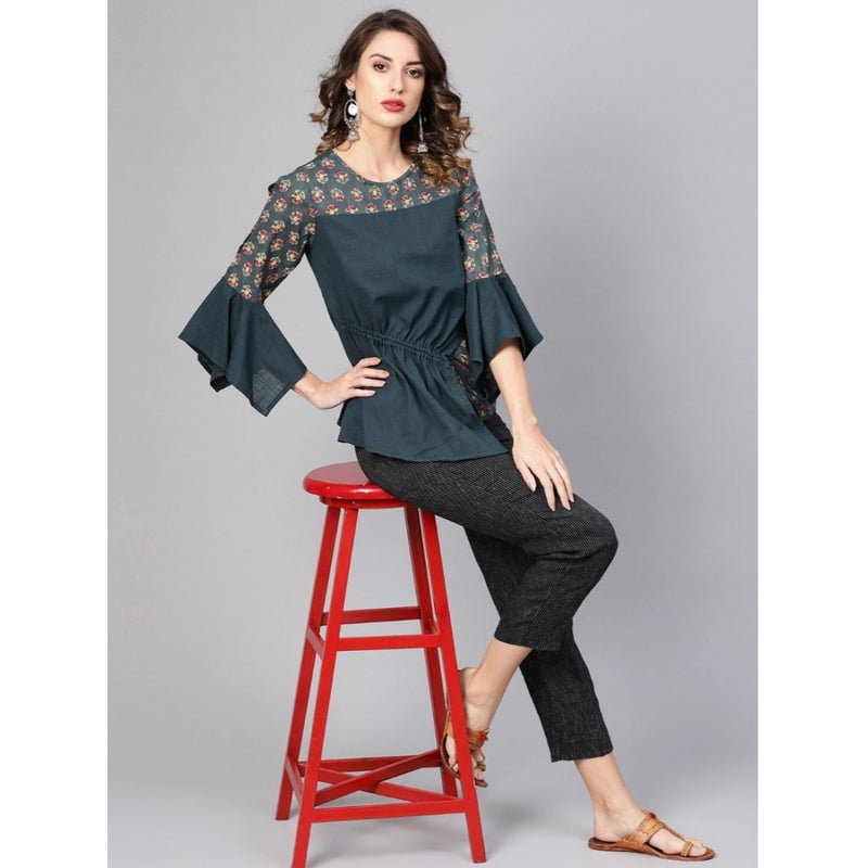 Mayawye Women's Casual Bell Sleeves Floral Printed Cotton Slub Top (Grey)