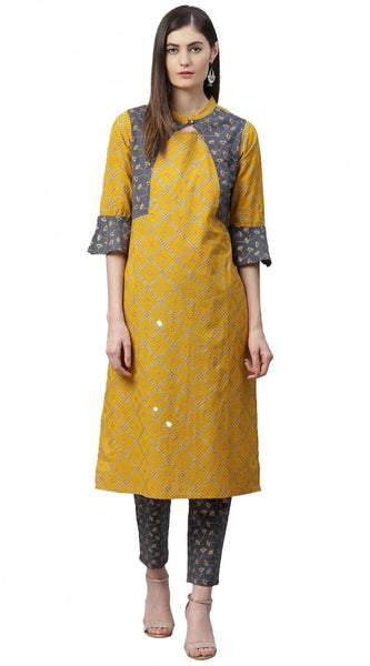 Mayawye Women's Casual Bell Sleeves Geomatrical Printed Cotton Kurti Set (Yellow)