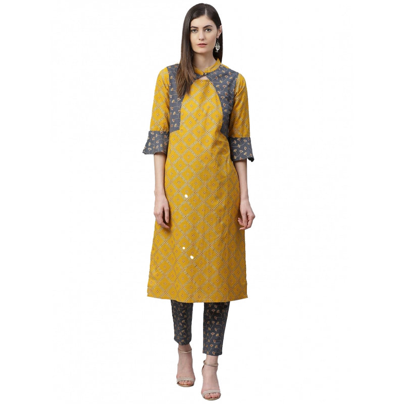 Mayawye Women's Casual Bell Sleeves Geomatrical Printed Cotton Kurti Set (Yellow)