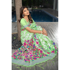 Mayawye Women's Cotton Printed Saree With Unstitched Blouse (Green, 5-6 Mtrs)