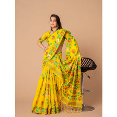 Mayawye Women's Cotton Printed Saree With Unstitched Blouse (Yellow, 5-6 Mtrs)