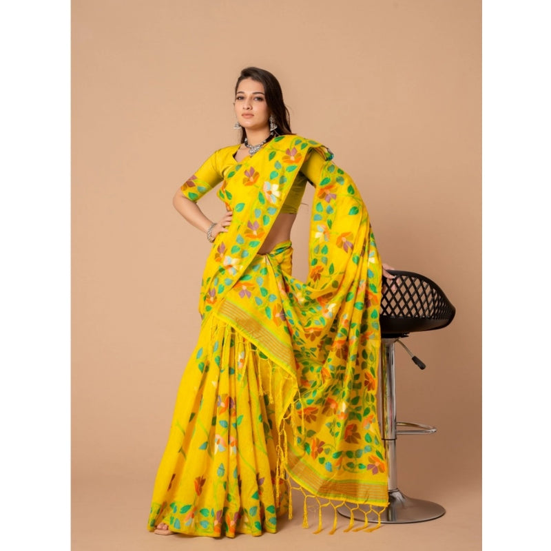 Mayawye Women's Cotton Printed Saree With Unstitched Blouse (Yellow, 5-6 Mtrs)
