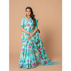 Mayawye Women's Cotton Printed Saree With Unstitched Blouse (Sky Blue, 5-6 Mtrs)