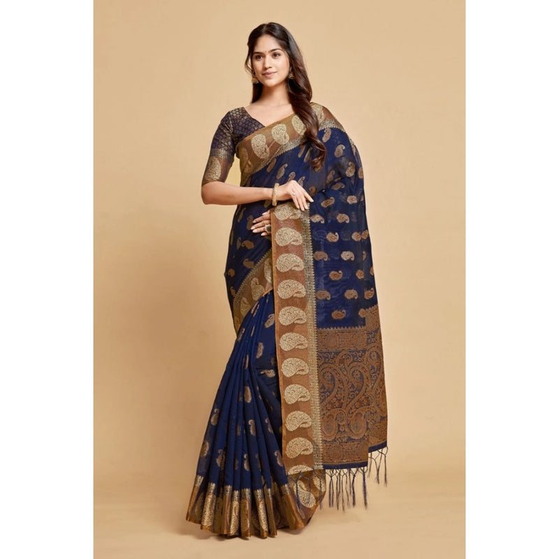 Mayawye Women's Chanderi Cotton Printed Saree With Unstitched Blouse (Navy Blue, 5-6 Mtrs)