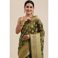 Mayawye Women's Organza Printed Saree With Unstitched Blouse (Mahendi, 5-6 Mtrs)
