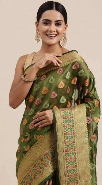 Mayawye Women's Organza Printed Saree With Unstitched Blouse (Mahendi, 5-6 Mtrs)