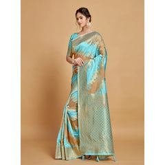 Mayawye Women's Linen Printed Saree With Unstitched Blouse (Sky Blue, 5-6 Mtrs)