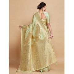 Mayawye Women's Linen Printed Saree With Unstitched Blouse (Pista, 5-6 Mtrs)