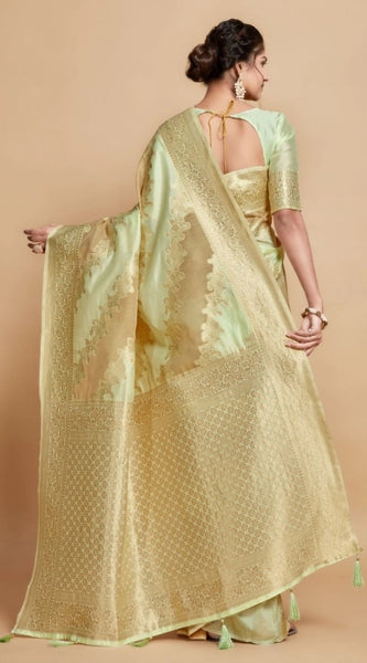 Mayawye Women's Linen Printed Saree With Unstitched Blouse (Pista, 5-6 Mtrs)