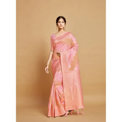 Mayawye Women's Linen Printed Saree With Unstitched Blouse (Pink, 5-6 Mtrs)