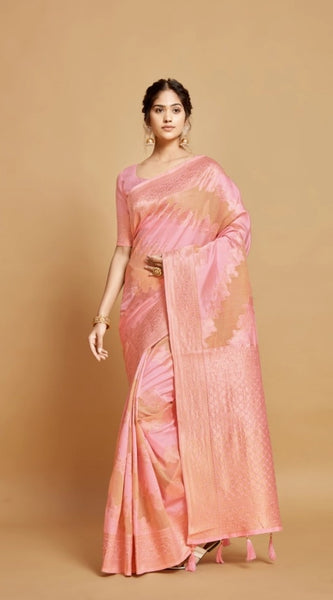 Mayawye Women's Linen Printed Saree With Unstitched Blouse (Pink, 5-6 Mtrs)