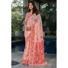 Mayawye Women's Cotton Printed Saree With Unstitched Blouse (Peach, 5-6 Mtrs)