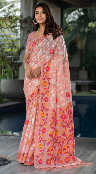Mayawye Women's Cotton Printed Saree With Unstitched Blouse (Peach, 5-6 Mtrs)