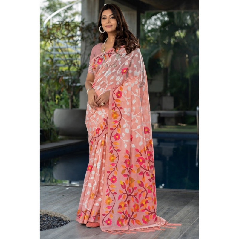 Mayawye Women's Cotton Printed Saree With Unstitched Blouse (Peach, 5-6 Mtrs)