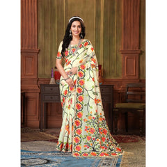 Mayawye Women's Organza Printed Saree With Unstitched Blouse (White, 5-6 Mtrs)