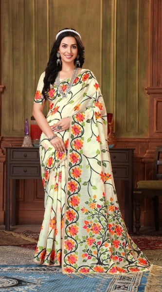 Mayawye Women's Organza Printed Saree With Unstitched Blouse (White, 5-6 Mtrs)