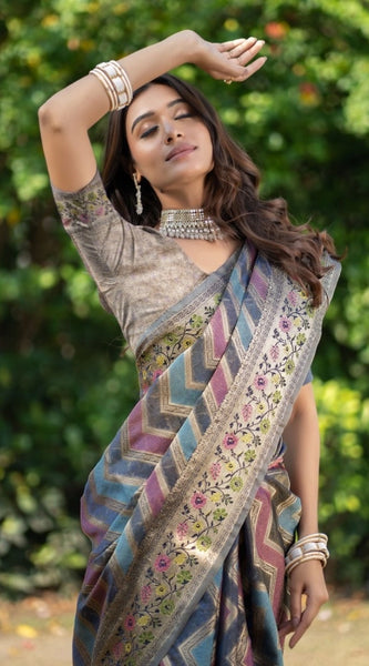 Mayawye Women's Organza Printed Saree With Unstitched Blouse (Teal, 5-6 Mtrs)