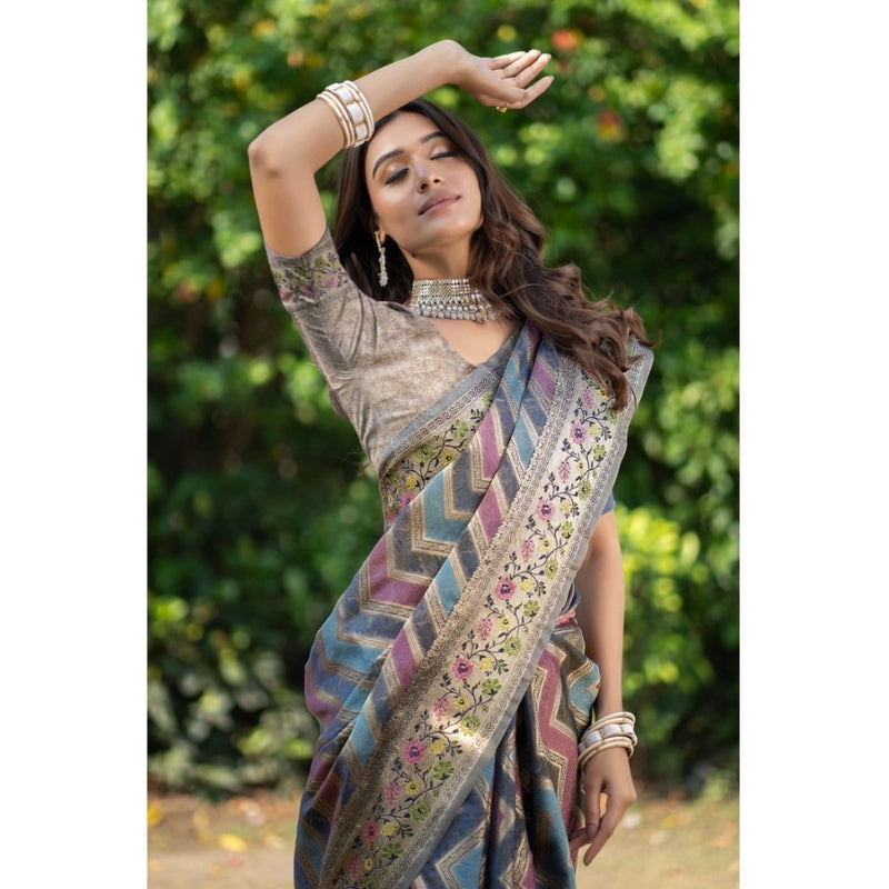 Mayawye Women's Organza Printed Saree With Unstitched Blouse (Teal, 5-6 Mtrs)