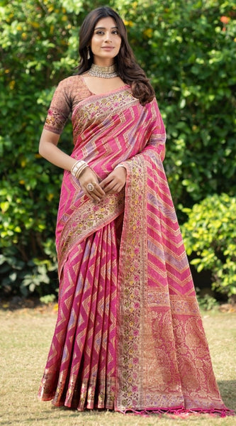 Mayawye Women's Organza Printed Saree With Unstitched Blouse (Pink, 5-6 Mtrs)
