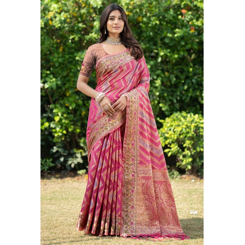 Mayawye Women's Organza Printed Saree With Unstitched Blouse (Pink, 5-6 Mtrs)