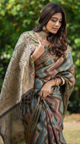 Mayawye Women's Organza Printed Saree With Unstitched Blouse (Grey, 5-6 Mtrs)