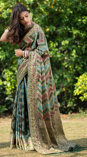Mayawye Women's Organza Printed Saree With Unstitched Blouse (Green, 5-6 Mtrs)