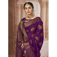 Mayawye Women's Chanderi Cotton Printed Saree With Unstitched Blouse (Purple, 5-6 Mtrs)