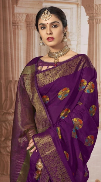 Mayawye Women's Chanderi Cotton Printed Saree With Unstitched Blouse (Purple, 5-6 Mtrs)