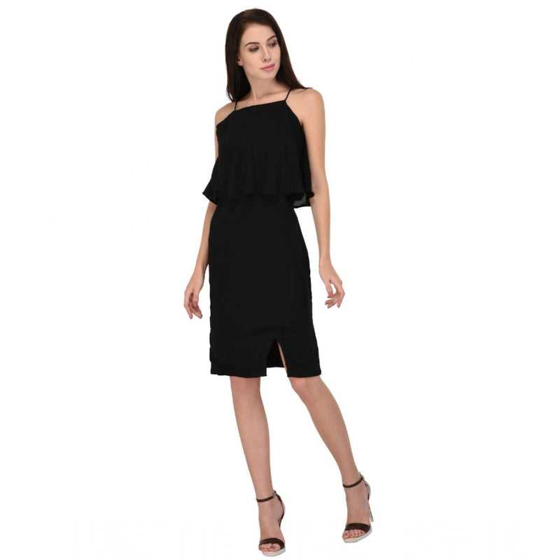 Mayawye Women's Cotton Blend Solid Sleeveless Dress (Black)